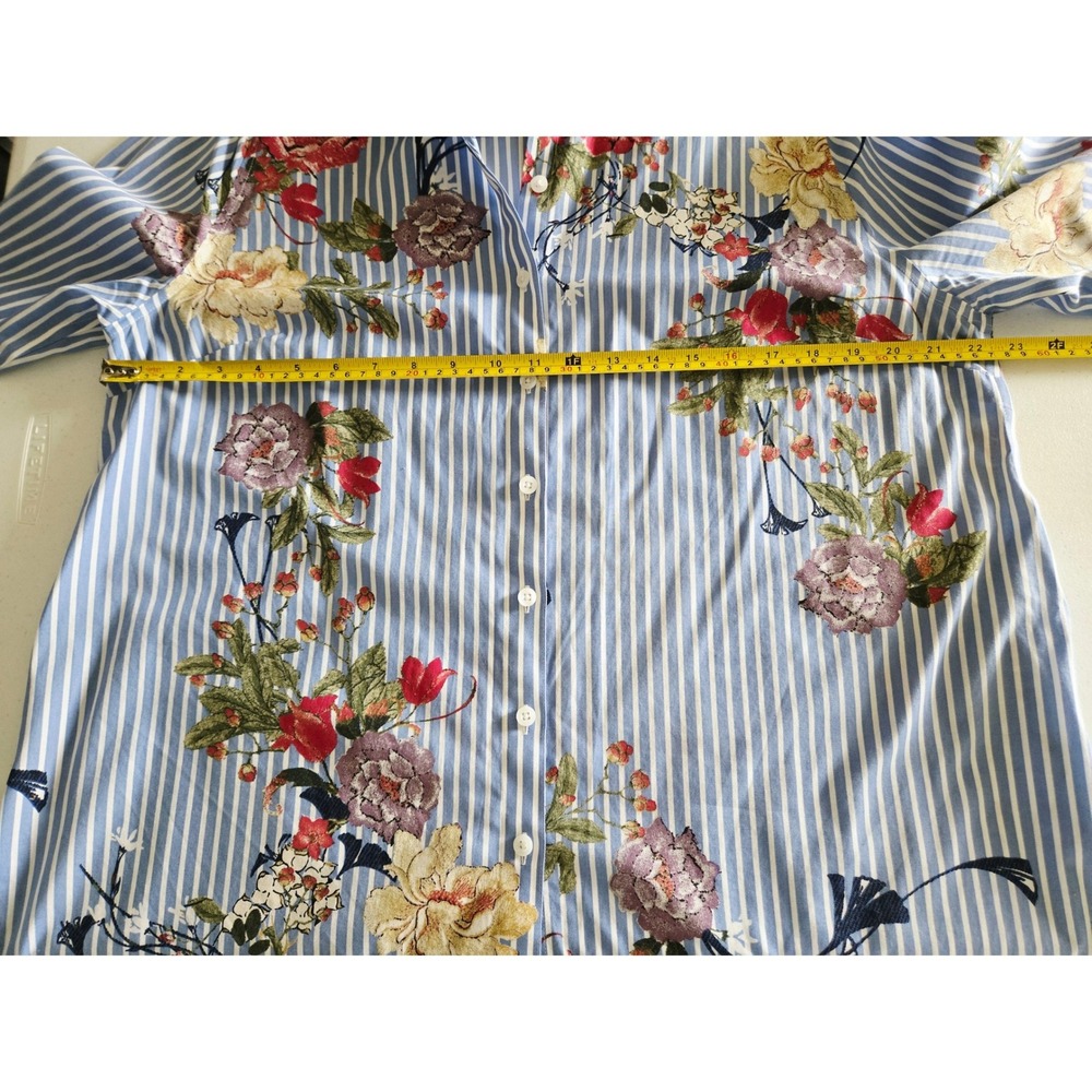 Chico's 3 No Iron Striped Floral Button Down Shirt Blue White Pink Womens 16-18 - Picture 6 of 8